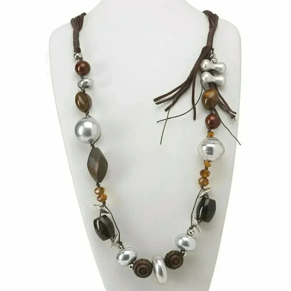 Hand Crafted Edgy Silver Brown Mixed Media Asymmetric Necklace - Picture 1 of 1